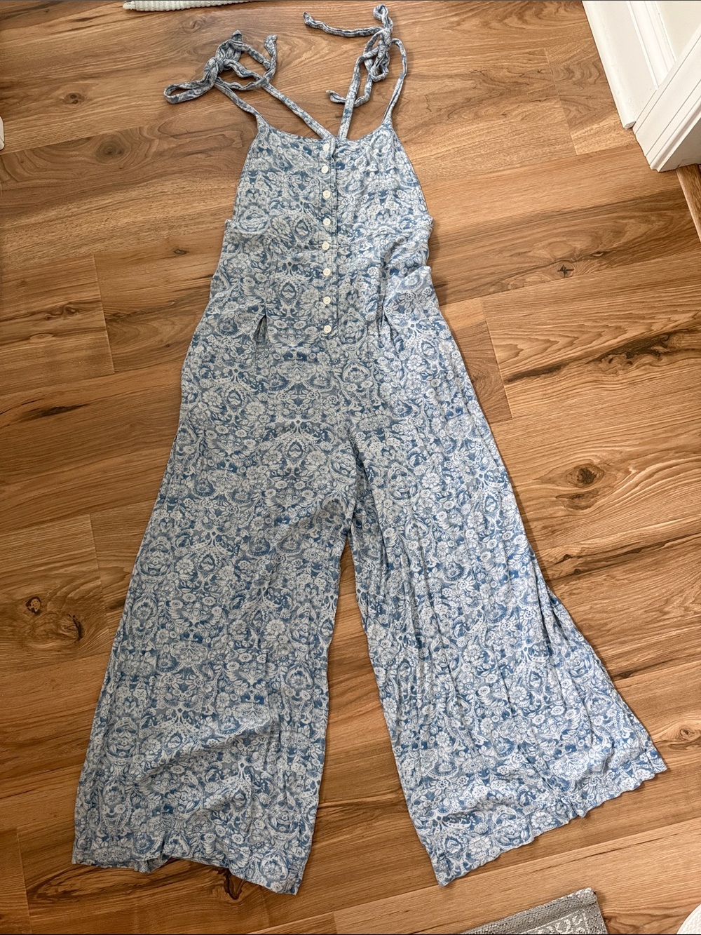 Free People Light Blue Printed Tie-Shoulder Wide-Leg Jumpsuit